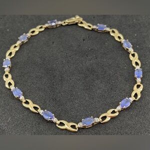 24hr SALE 10k Yellow Gold 7.5" Blue Glass& Diamond Accents Tennis Bracelet 3.94g